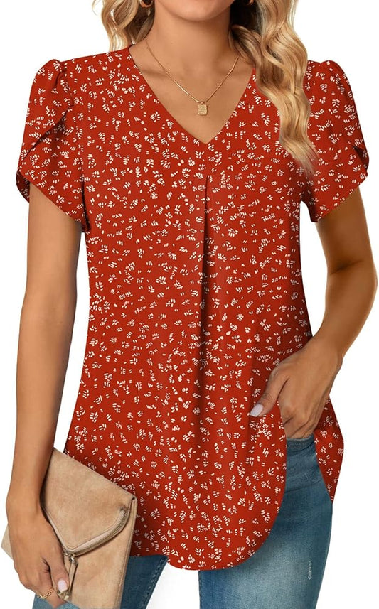 Women's Plus Size Summer Tunic Tops Dressy Casual Chiffon Blouses Short Sleeve T-Shirts for Leggings